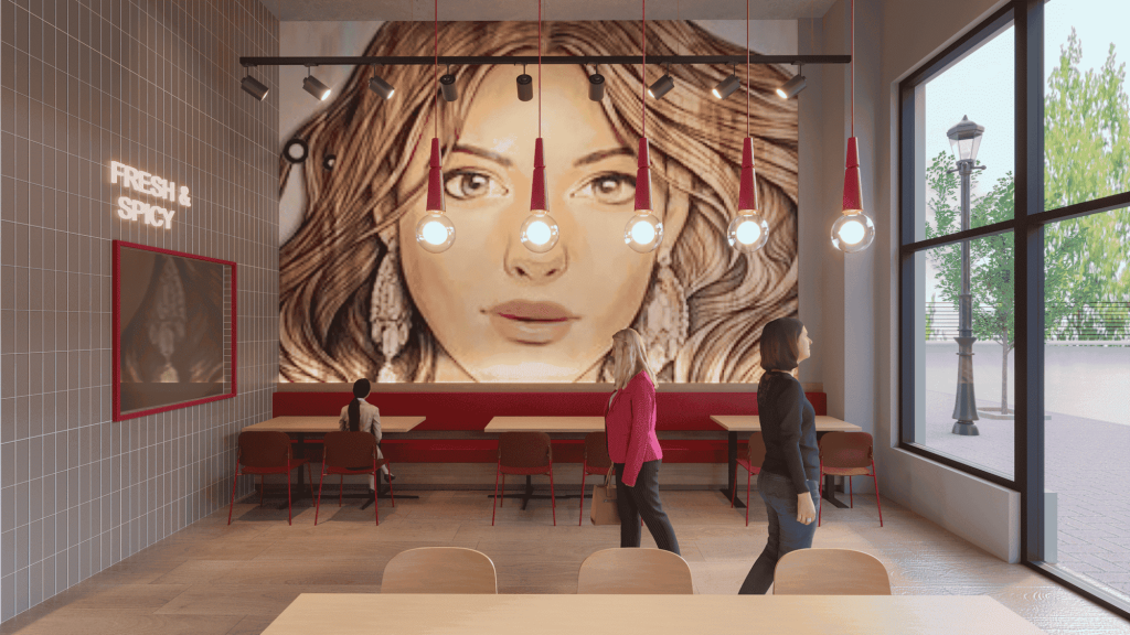 A glimpse inside the rendered version of the Curry Pizza House.