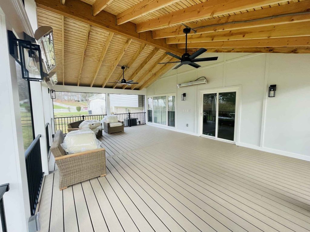 A spacious porch addition to a home.